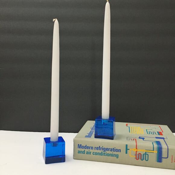 Vintage Art Glass Cobalt Blue Cube Candle Holders Ice